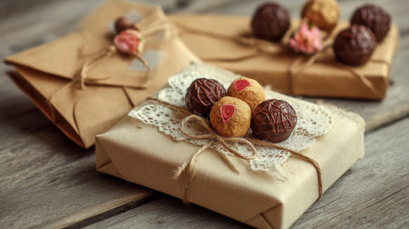 This image was generated using AI.Various gifts decorated with kraft paper, Lace, rustic twine, and dried flowers are arranged on a wooden surface in a warm, handcrafted composition. The scene evokes romance, detail, and tradition, ideal for depicting intimate celebrations like Valentine's Day. The use of natural materials and soft tones reinforces the emotional and aesthetic character of the image. Perfect for editorial, commercial, and cultural content about love, crafts, and festivitiesの素材