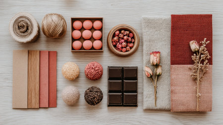 This image was generated using AI.Various gifts decorated with kraft paper, Lace, rustic twine, and dried flowers are arranged on a wooden surface in a warm, handcrafted composition. The scene evokes romance, detail, and tradition, ideal for depicting intimate celebrations like Valentine's Day. The use of natural materials and soft tones reinforces the emotional and aesthetic character of the image. Perfect for editorial, commercial, and cultural content about love, crafts, and festivitiesの素材