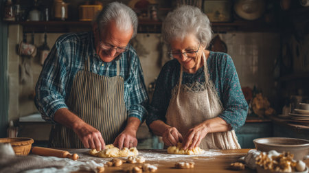 This image was generated using AI. An elderly couple celebrates Valentine's Day by doing household chores in a warm and functional domestic setting. The scene conveys affection, complicity, and active aging, with a composition that highlights the naturalness of the shared gesture. Ideal for editorial, social, and cultural content about mature love, daily life, and emotional bonds in later lifeの素材