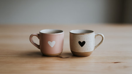 This image was generated using AI. Two heart-decorated mugs are arranged on a wooden surface in a warm and simple domestic setting. The composition conveys affection, everyday life, and an intimate celebration of Valentine's Day, evoking shared moments as a couple during household chores. Ideal for editorial, commercial, and cultural content about everyday love, domestic rituals, and romantic festivitiesの素材