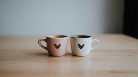 This image was generated using AI. Two heart-decorated mugs are arranged on a wooden surface in a warm and simple domestic setting. The composition conveys affection, everyday life, and an intimate celebration of Valentine's Day, evoking shared moments as a couple during household chores. Ideal for editorial, commercial, and cultural content about everyday love, domestic rituals, and romantic festivitiesの素材