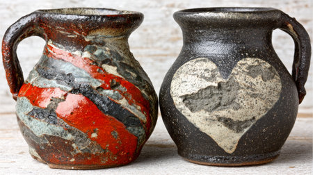 This image was generated using AI. Two heart-decorated mugs are arranged on a wooden surface in a warm and simple domestic setting. The composition conveys affection, everyday life, and an intimate celebration of Valentine's Day, evoking shared moments as a couple during household chores. Ideal for editorial, commercial, and cultural content about everyday love, domestic rituals, and romantic festivitiesの素材