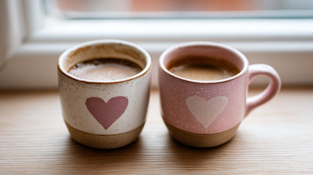 This image was generated using AI. Two heart-decorated mugs are arranged on a wooden surface in a warm and simple domestic setting. The composition conveys affection, everyday life, and an intimate celebration of Valentine's Day, evoking shared moments as a couple during household chores. Ideal for editorial, commercial, and cultural content about everyday love, domestic rituals, and romantic festivitiesの素材