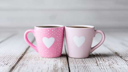 This image was generated using AI. Two heart-decorated mugs are arranged on a wooden surface in a warm and simple domestic setting. The composition conveys affection, everyday life, and an intimate celebration of Valentine's Day, evoking shared moments as a couple during household chores. Ideal for editorial, commercial, and cultural content about everyday love, domestic rituals, and romantic festivitiesの素材