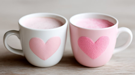 This image was generated using AI. Two heart-decorated mugs are arranged on a wooden surface in a warm and simple domestic setting. The composition conveys affection, everyday life, and an intimate celebration of Valentine's Day, evoking shared moments as a couple during household chores. Ideal for editorial, commercial, and cultural content about everyday love, domestic rituals, and romantic festivitiesの素材