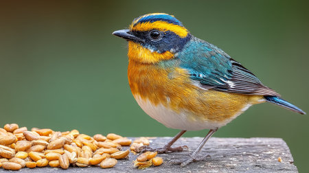 This image was generated using AI. A Ryukyu Flycatcher perches next to a pile of grains on a wooden surface, surrounded by a blurred green background that highlights its multicolored plumage. The bird's blue, yellow, orange, and green tones contrast with the texture of the seeds, evoking biodiversity, responsible feeding, and tropical beauty. Ideal for editorial, scientific, and cultural content about Asian birds, conservation, and ecotourismの素材
