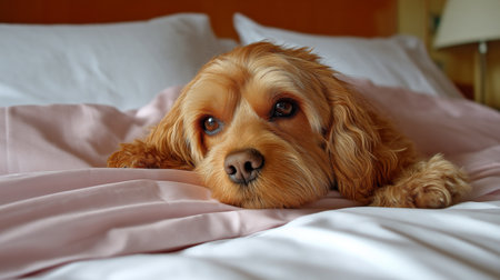 This image was generated using AI. A dog rests serenely on a white bed in a warm and cozy domestic setting Bright and luminous, conveying emotional well-being and security. Its relaxed posture and calm expression evoke affection, balance, and the human-animal bond, within the framework of a campaign dedicated to pet mental health. Ideal for editorial, social, and commercial content about animal welfare, cohabitation, and emotional careの素材
