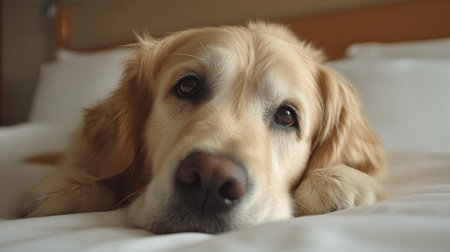 This image was generated using AI. A dog rests serenely on a white bed in a warm and cozy domestic setting Bright and luminous, conveying emotional well-being and security. Its relaxed posture and calm expression evoke affection, balance, and the human-animal bond, within the framework of a campaign dedicated to pet mental health. Ideal for editorial, social, and commercial content about animal welfare, cohabitation, and emotional careの素材