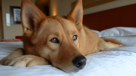 This image was generated using AI. A dog rests serenely on a white bed in a warm and cozy domestic setting Bright and luminous, conveying emotional well-being and security. Its relaxed posture and calm expression evoke affection, balance, and the human-animal bond, within the framework of a campaign dedicated to pet mental health. Ideal for editorial, social, and commercial content about animal welfare, cohabitation, and emotional careの素材