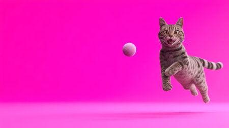 This image was generated using AI. A cat leaps energetically towards A ball suspended in mid-air, in a warm and colorful setting that conveys joy and well-being. Its active posture, focused gaze, and playful expression evoke emotional health, vitality, and the human-animal bond, within the framework of a campaign dedicated to Pet Mental Health Month. Ideal for editorial, social, and commercial content about animal welfare, cohabitation, and emotional careの素材