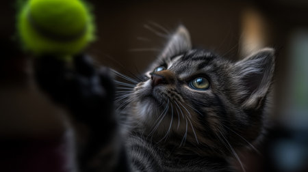 This image was generated using AI. A cat leaps energetically towards A ball suspended in mid-air, in a warm and colorful setting that conveys joy and well-being. Its active posture, focused gaze, and playful expression evoke emotional health, vitality, and the human-animal bond, within the framework of a campaign dedicated to Pet Mental Health Month. Ideal for editorial, social, and commercial content about animal welfare, cohabitation, and emotional careの素材