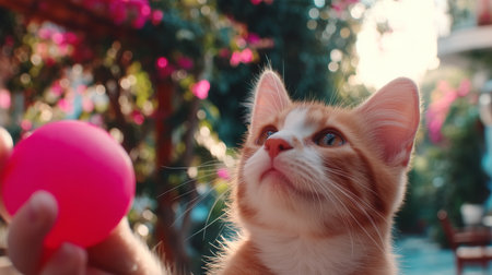 This image was generated using AI. A cat leaps energetically towards A ball suspended in mid-air, in a warm and colorful setting that conveys joy and well-being. Its active posture, focused gaze, and playful expression evoke emotional health, vitality, and the human-animal bond, within the framework of a campaign dedicated to Pet Mental Health Month. Ideal for editorial, social, and commercial content about animal welfare, cohabitation, and emotional careの素材