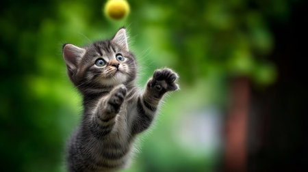 This image was generated using AI. A cat leaps energetically towards A ball suspended in mid-air, in a warm and colorful setting that conveys joy and well-being. Its active posture, focused gaze, and playful expression evoke emotional health, vitality, and the human-animal bond, within the framework of a campaign dedicated to Pet Mental Health Month. Ideal for editorial, social, and commercial content about animal welfare, cohabitation, and emotional careの素材