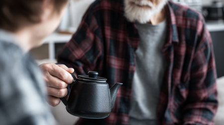 This image was generated using AI. Two hands meet in an intimate and supportive gesture while one A person hands a cup of tea to another in a vulnerable situation. The warm and intimate composition conveys empathy, care, and human connection, ideal for campaigns on emotional health, coexistence, hospitality, and community values. Perfect for editorial, social, and cultural content that promotes well-being and inclusionの素材