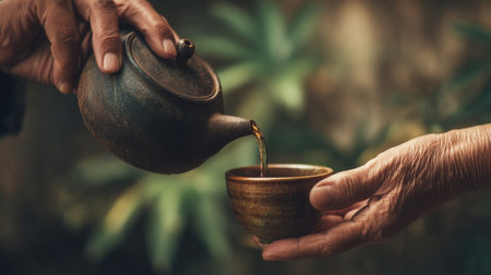 This image was generated using AI. Two hands meet in an intimate and supportive gesture while one A person hands a cup of tea to another in a vulnerable situation. The warm and intimate composition conveys empathy, care, and human connection, ideal for campaigns on emotional health, coexistence, hospitality, and community values. Perfect for editorial, social, and cultural content that promotes well-being and inclusionの素材