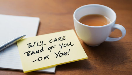 This image was generated using AI. Coffee cups rest on a wooden table next to handwritten notes that evoke affection, care, and emotional connection. The warm and intimate composition conveys a gesture of everyday kindness, ideal for campaigns about emotional health, human connection, and shared moments. Perfect for editorial, social, and commercial content that promotes empathy and well-being.の素材