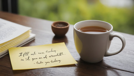 This image was generated using AI. Coffee cups rest on a wooden table next to handwritten notes that evoke affection, care, and emotional connection. The warm and intimate composition conveys a gesture of everyday kindness, ideal for campaigns about emotional health, human connection, and shared moments. Perfect for editorial, social, and commercial content that promotes empathy and well-being.の素材