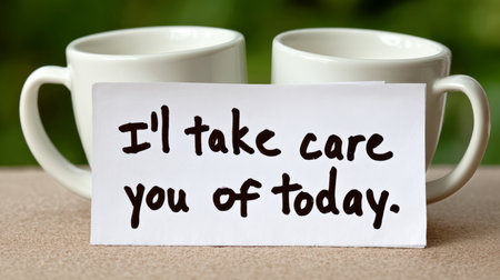 This image was generated using AI. Coffee cups rest on a wooden table next to handwritten notes that evoke affection, care, and emotional connection. The warm and intimate composition conveys a gesture of everyday kindness, ideal for campaigns about emotional health, human connection, and shared moments. Perfect for editorial, social, and commercial content that promotes empathy and well-being.の素材