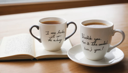 This image was generated using AI. Coffee cups rest on a wooden table next to handwritten notes that evoke affection, care, and emotional connection. The warm and intimate composition conveys a gesture of everyday kindness, ideal for campaigns about emotional health, human connection, and shared moments. Perfect for editorial, social, and commercial content that promotes empathy and well-being.の素材