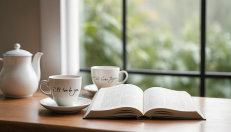 This image was generated using AI. Coffee cups rest on a wooden table next to handwritten notes that evoke affection, care, and emotional connection. The warm and intimate composition conveys a gesture of everyday kindness, ideal for campaigns about emotional health, human connection, and shared moments. Perfect for editorial, social, and commercial content that promotes empathy and well-being.の素材