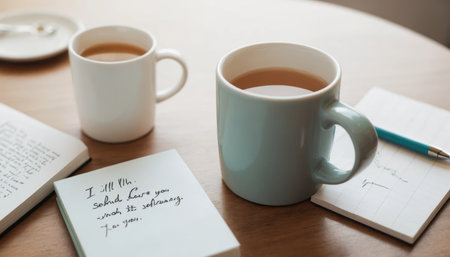 This image was generated using AI. Coffee cups rest on a wooden table next to handwritten notes that evoke affection, care, and emotional connection. The warm and intimate composition conveys a gesture of everyday kindness, ideal for campaigns about emotional health, human connection, and shared moments. Perfect for editorial, social, and commercial content that promotes empathy and well-being.の素材