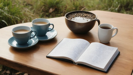 This image was generated using AI.Two coffee cups rest on a wooden table outdoors next to an open book, in a natural setting with vegetation and soft light. The scene conveys calm, introspection, and enjoyment of leisure time, ideal for editorial and commercial content about rural tourism, wellness, reading, and moments of relaxation. The warm and balanced composition reinforces the connection between culture, nature, and rest.の素材