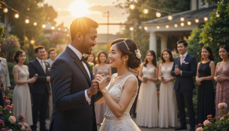 This image was generated using AI. A multiracial couple celebrates their wedding in an elegantly decorated hall with flowers, white fabrics, and warm lighting. The bride wears a white dress with lace details, and the groom wears a dark suit with a bow tie. Both smile, surrounded by guests in a festive and emotional atmosphere. Ideal for editorial and commercial content about multicultural celebrations, including love, and social eventsの素材