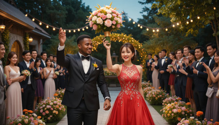 This image was generated using AI. A multiracial couple walks among the guests with their bouquets held high, celebrating their union in a garden decorated with lights and floral arrangements. The scene conveys joy, diversity, and shared emotion in a festive, natural setting. Ideal for editorial, travel, and commercial content about multicultural weddings, outdoor celebrations, and social eventsの素材