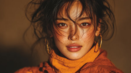 This image was generated using AI. A young model of Asian decent poses in close-up A close-up portrait with a serene expression and direct gaze, enveloped in an orange outfit that stands out under warm light. Her dark, slightly tousled hair frames a luminous face with visible freckles and defined lips. The composition conveys elegance, introspection, and contemporary aesthetics, ideal for editorial content, fashion, beauty, and cultural campaignsの素材