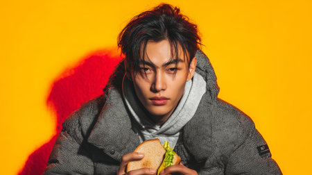 This image was generated using AI. A young model of Asian descent holds a sandwich while posing in close-up wearing a Textured gray coat and light-colored sweatshirt. The vibrant yellow background with a red shadow creates a striking visual contrast that reinforces the urban and contemporary aesthetic. Ideal for editorial content, fashion campaigns, youthful gastronomy, and cultural portraits.の素材