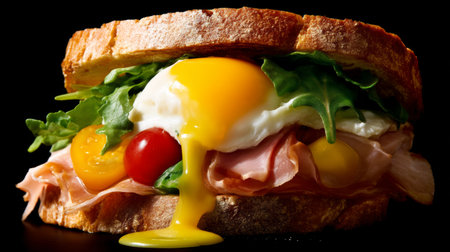 This image was generated using AI. A gourmet-style sandwich is presented in the foreground with layers of melted egg, fresh lettuce, ham, and creamy cheese between toasted bread. The warm composition and contrast of textures highlight the freshness and indulgent nature of the food, ideal for editorial, food, and cultural campaigns dedicated to Sandwich Month. Perfect for content about international cuisine, culinary tourism, and food photography.の素材