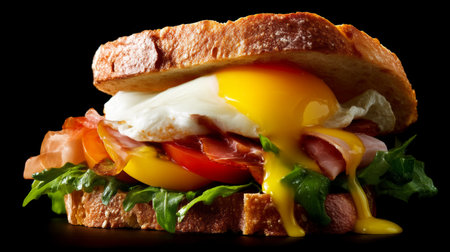 This image was generated using AI. A gourmet-style sandwich is presented in the foreground with layers of melted egg, fresh lettuce, ham, and creamy cheese between toasted bread. The warm composition and contrast of textures highlight the freshness and indulgent nature of the food, ideal for editorial, food, and cultural campaigns dedicated to Sandwich Month. Perfect for content about international cuisine, culinary tourism, and food photography.の素材