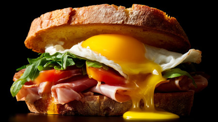 This image was generated using AI. A gourmet-style sandwich is presented in the foreground with layers of melted egg, fresh lettuce, ham, and creamy cheese between toasted bread. The warm composition and contrast of textures highlight the freshness and indulgent nature of the food, ideal for editorial, food, and cultural campaigns dedicated to Sandwich Month. Perfect for content about international cuisine, culinary tourism, and food photography.の素材
