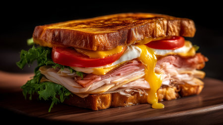 This image was generated using AI. A gourmet-style sandwich is presented in the foreground with layers of melted egg, fresh lettuce, ham, and creamy cheese between toasted bread. The warm composition and contrast of textures highlight the freshness and indulgent nature of the food, ideal for editorial, food, and cultural campaigns dedicated to Sandwich Month. Perfect for content about international cuisine, culinary tourism, and food photography.の素材