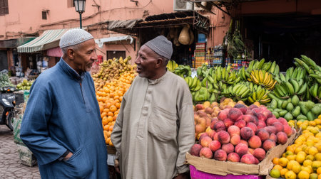 This image was generated using AI. A fruit stand in an Arab market displays a vibrant variety of citrus fruits and bananas arranged in symmetrical pyramids on traditional baskets. The scene is full of color, texture, and authenticity, with a human presence that reinforces the local and everyday character of the setting. Ideal for editorial, tourism, and commercial content about Arab culture, traditional markets, and healthy eatingの素材