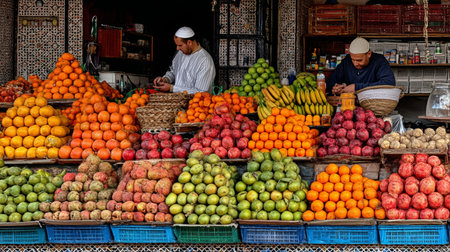 This image was generated using AI. A fruit stand in an Arab market displays a vibrant variety of citrus fruits and bananas arranged in symmetrical pyramids on traditional baskets. The scene is full of color, texture, and authenticity, with a human presence that reinforces the local and everyday character of the setting. Ideal for editorial, tourism, and commercial content about Arab culture, traditional markets, and healthy eatingの素材