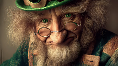 AI-generated image. An elderly man with a striking white beard and long hair projects an image of wisdom and serenity through his calm gaze behind round glasses. The combination of the green hat with the natural texture of his facial hair creates a warm and authentic visual contrast in a classic portrait composition. This photograph is ideal for projects related to senior health, "senior" lifestyle concepts, or fashion and eyewear advertising with an intellectual touch.の素材