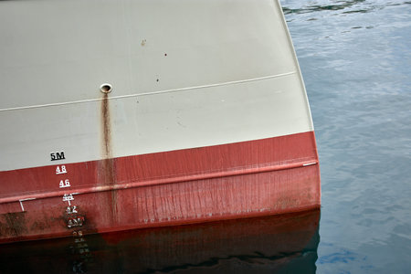 A close-up of the bow of a fishing vessel docked at the port of Vigo in Orillamar, Galicia, Spain....