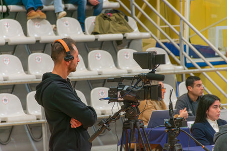 Vigo, Spain, February 21, 2026, Scene captured in an indoor sports arena where an audiovisual...