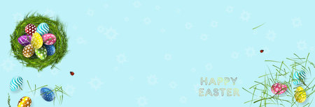 Easter banner. Template with Easter eggs in grass nest for greeting card or promotion and shopping...