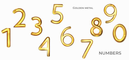Golden metallic Number 0 to 9. 3d numbers font. Realistic elements for sales, banners, party, birthday, anniversary invitation, wedding.のイラスト素材