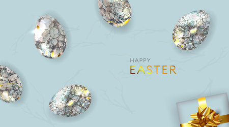Happy Easter background with realistic marble decorated eggs. Template for greeting card, ad, sales,...
