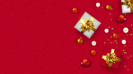 Christmas Background with gift boxes and Christmas decoration. Copy spaceの写真素材