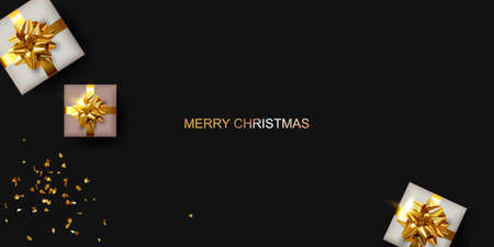 Festive card, greeting poster, banner. Black and red Xmas Background with gift boxes and Christmas decorationのイラスト素材