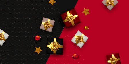 Christmas Background with gift boxes and Christmas decoration. Copy spaceの写真素材