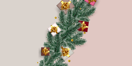 Christmas Background with gift boxes and Christmas decoration. Copy spaceの写真素材