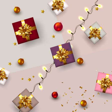 Christmas Background with gift boxes and Christmas decoration. Copy spaceの写真素材