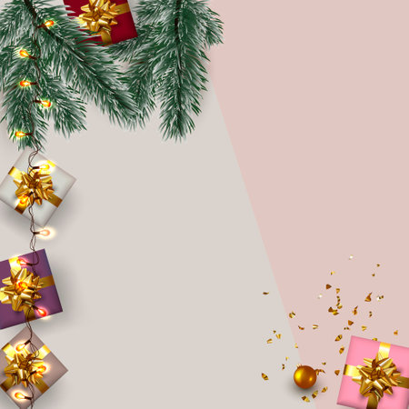 Christmas Background with gift boxes and Christmas decoration. Copy spaceの写真素材