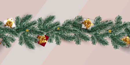 Happy New 2021 Year. Banner template with 3D gold metallic text, fir trees and gift box. Festive design. Christmas backgroundの写真素材