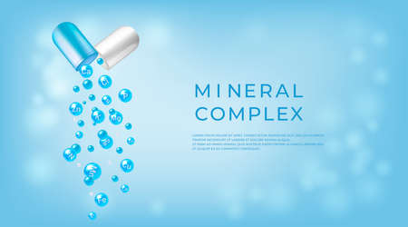 Mineral complex. Pharmaceutical banner template. Capsule with falling out minerals balls.のイラスト素材
